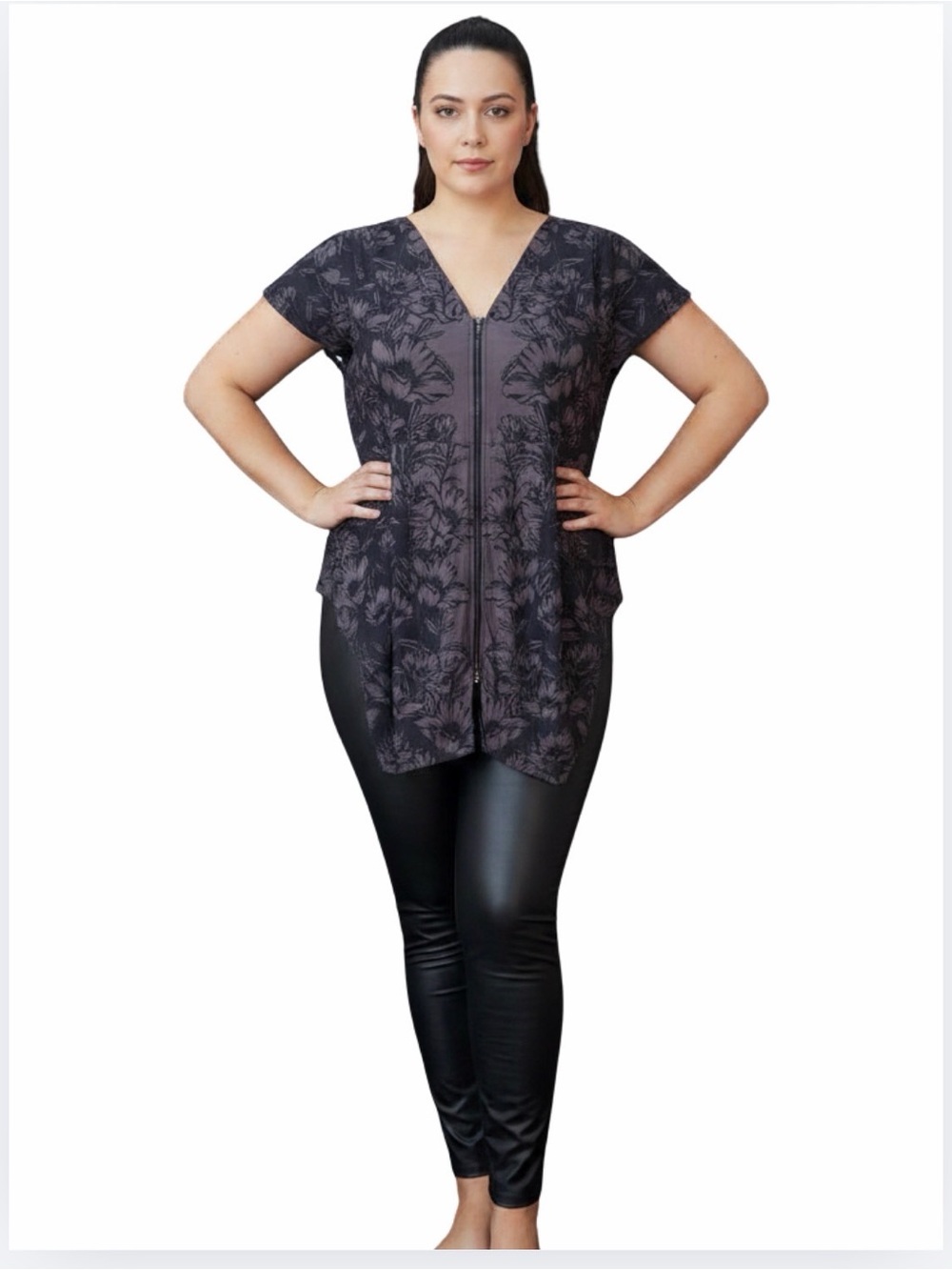 City Chic Plus-Size V-Neck Floral Draped Zip-Front Tunic in Soft Brown and Black
